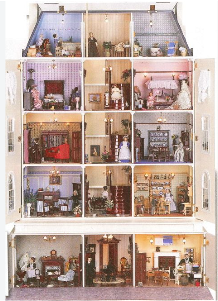 A picture showing a very large dolls house open and 15 rooms  all filled with furniture in victorian era. on a white background