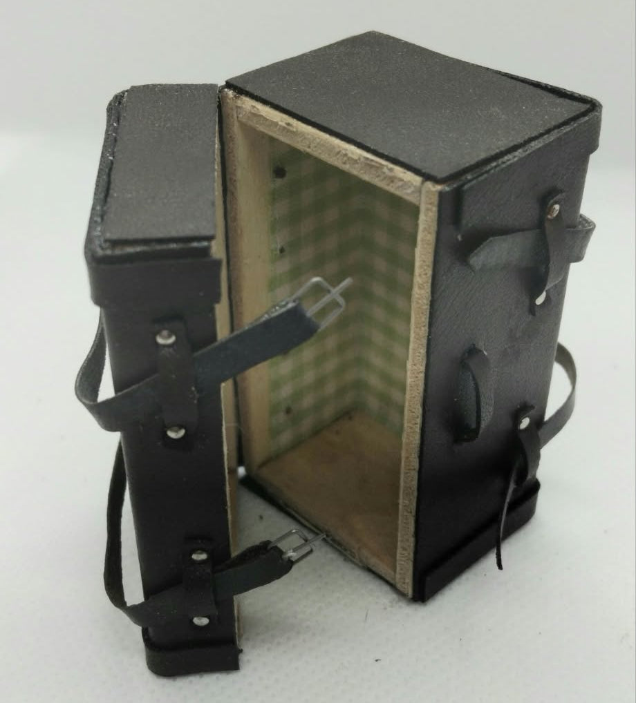 A vintage black leather steamer  trunk.shown open, revealing a lighted interior with a grid pattern and a wooden backing, set against a plain light gray background.