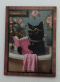 miniature picture of a black cat in a bath reading a book with a pink towel over the bath, on a white background